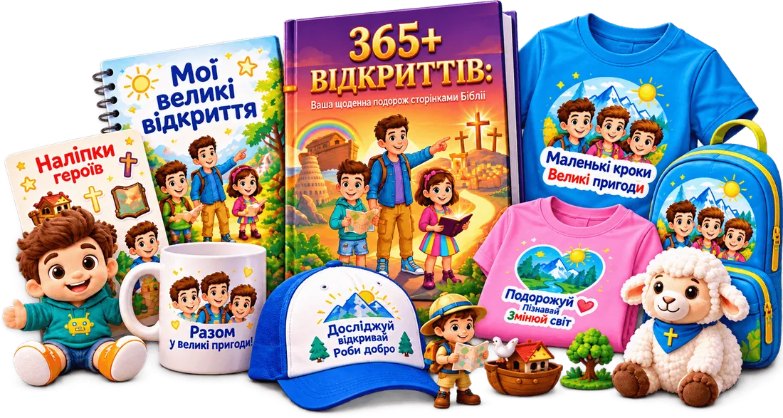Товари з героями: книга «365+ відкриттів», блокнот, наліпки, чашка, кепка, футболки, рюкзак і м'яка овечка